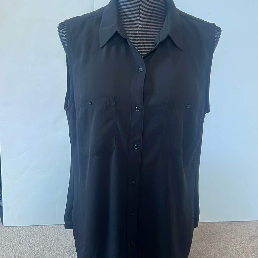 Sheer Black Button Down Sleeve-Less Top - image 1
